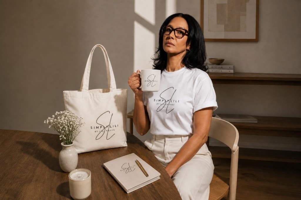 Lili Nieves with Simply Lili branded mug, tote, and notebook